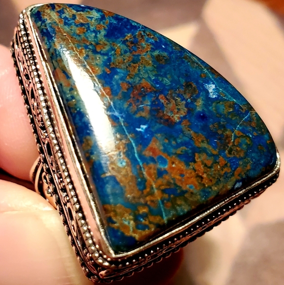 New Oversized Chrysocolla 925 Silver Ring - Picture 5 of 12